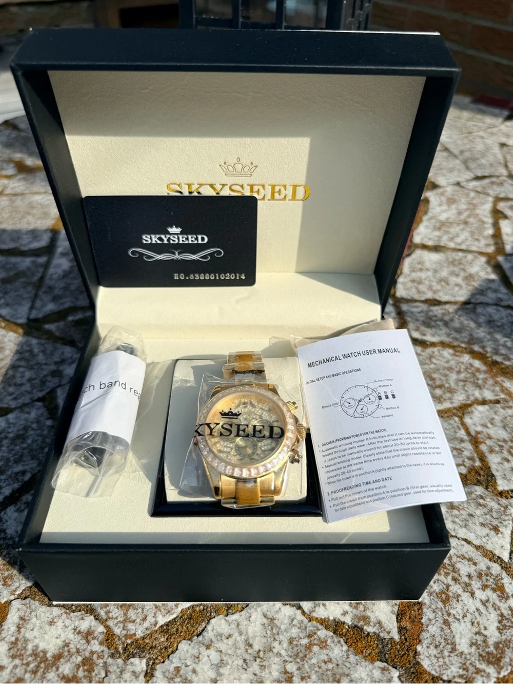 Men's Gold Mechanical Watch with Crystal Accent